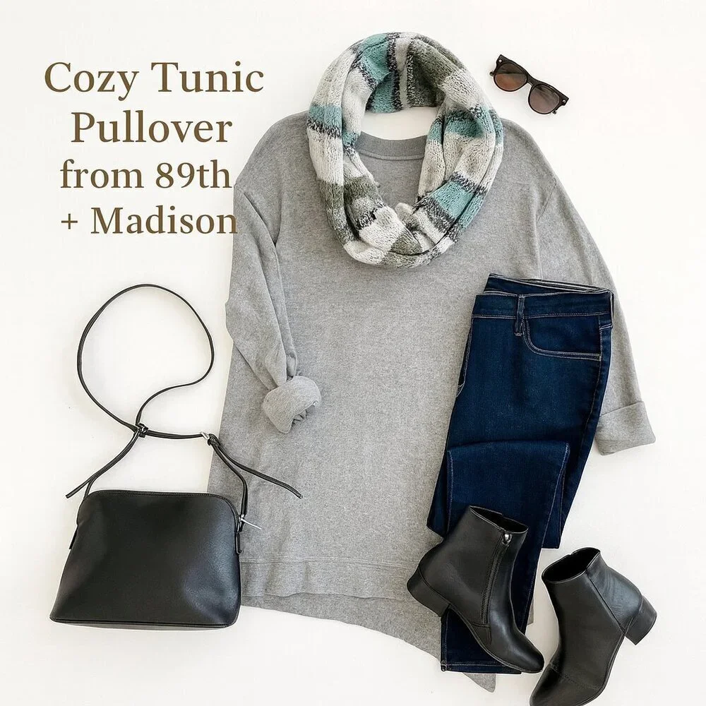 89th & Madison Gray Tunic Sweater + Scarf Set 1X Plus Cozy Knit